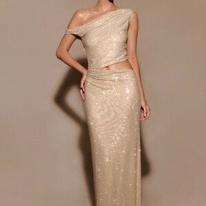 Meshki Kenny Diamante One Shoulder Maxi Dress - Gold